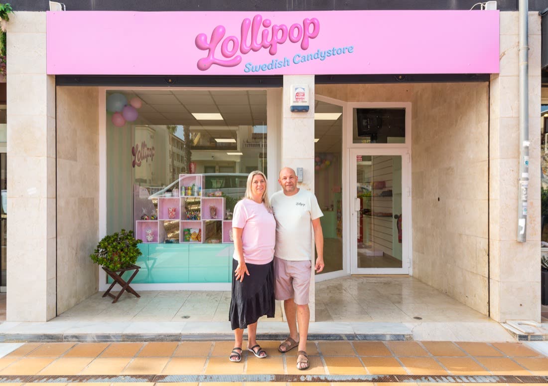 The owners of Lollipop Swedish Candystore standing outside their shop in Orihuela Costa